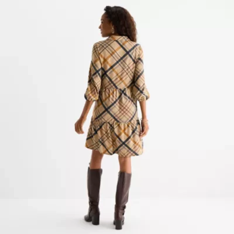 R & K Originals Womens Long Sleeve Plaid Babydoll Dress