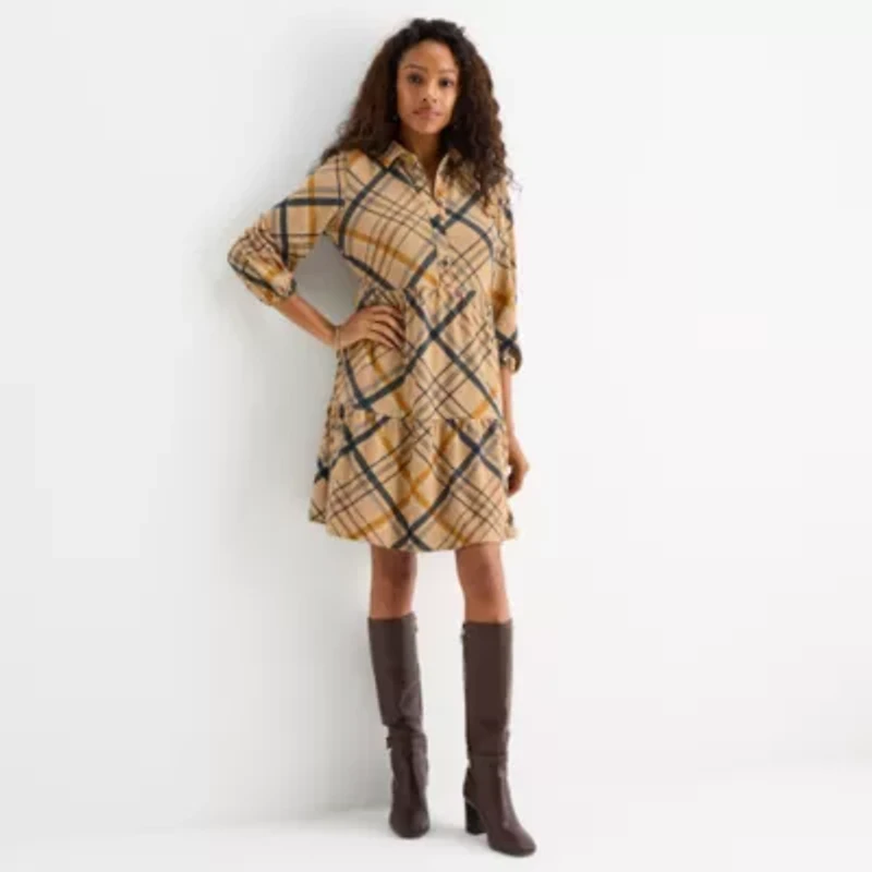 R & K Originals Womens Long Sleeve Plaid Babydoll Dress