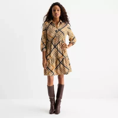 R & K Originals Womens Long Sleeve Plaid Babydoll Dress