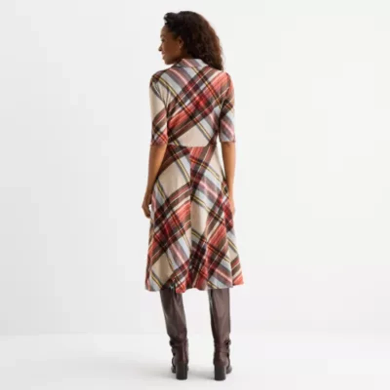 R & K Originals Womens 3/4 Sleeve Plaid Fit + Flare Dress