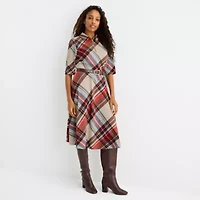 R & K Originals Womens 3/4 Sleeve Plaid Fit + Flare Dress