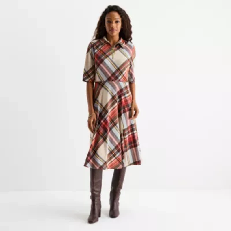 R & K Originals Womens 3/4 Sleeve Plaid Fit + Flare Dress