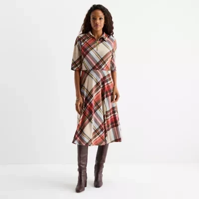 R & K Originals Womens 3/4 Sleeve Plaid Fit + Flare Dress