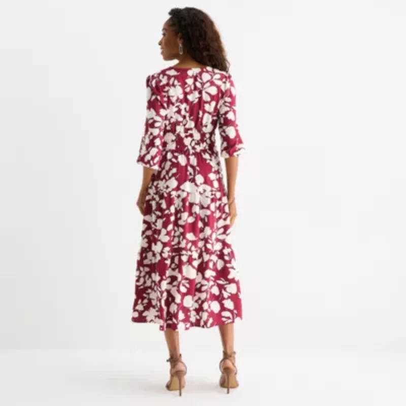 Be by CHETTA B Womens 3/4 Sleeve Floral Midi Fit + Flare Dress