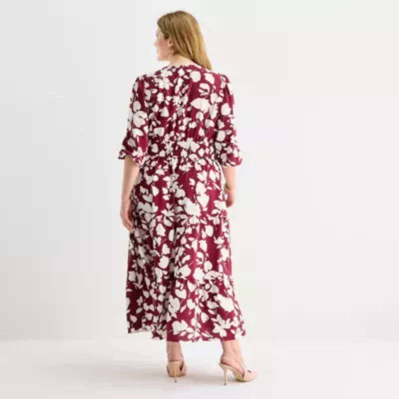 Be by CHETTA B Womens Plus 3/4 Sleeve Floral Midi Fit + Flare Dress