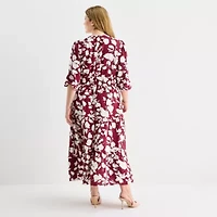 Be by CHETTA B Womens Plus 3/4 Sleeve Floral Midi Fit + Flare Dress