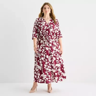 Be by CHETTA B Womens Plus 3/4 Sleeve Floral Midi Fit + Flare Dress