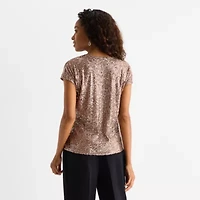 MSK Sequin Womens V Neck Short Sleeve Blouse