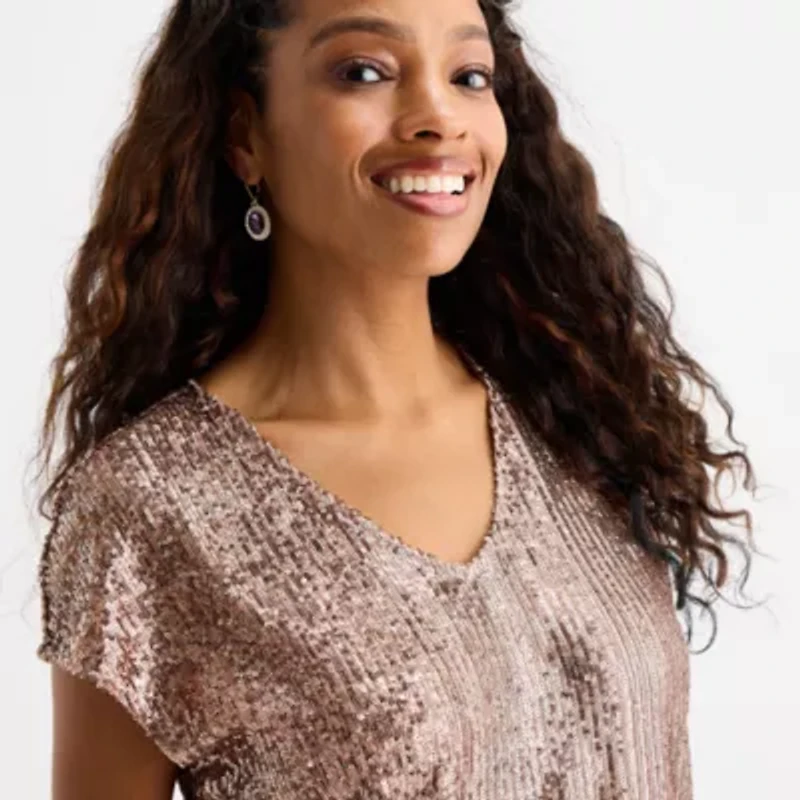 MSK Sequin Womens V Neck Short Sleeve Blouse