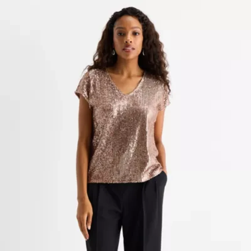 MSK Sequin Womens V Neck Short Sleeve Blouse