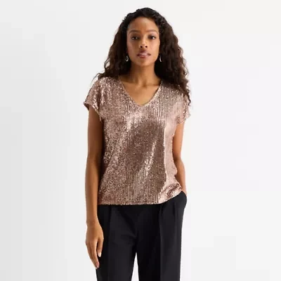 MSK Sequin Womens V Neck Short Sleeve Blouse