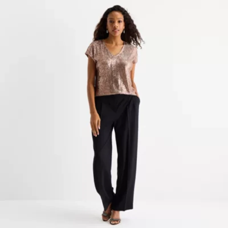 MSK Sequin Womens V Neck Short Sleeve Blouse