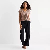 MSK Sequin Womens V Neck Short Sleeve Blouse