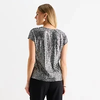 MSK Sequin Womens V Neck Short Sleeve Blouse