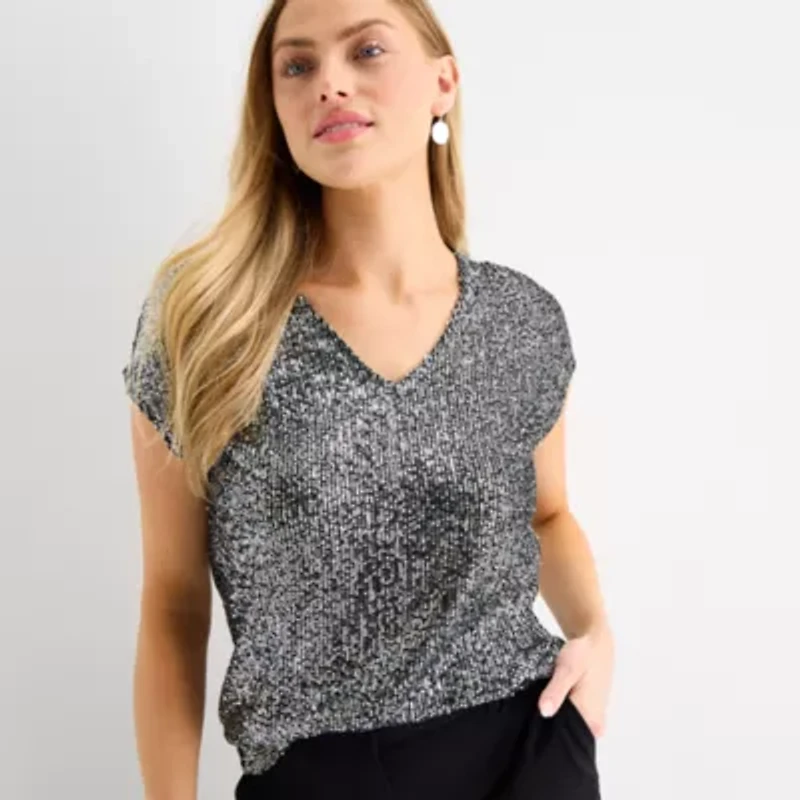 MSK Sequin Womens V Neck Short Sleeve Blouse