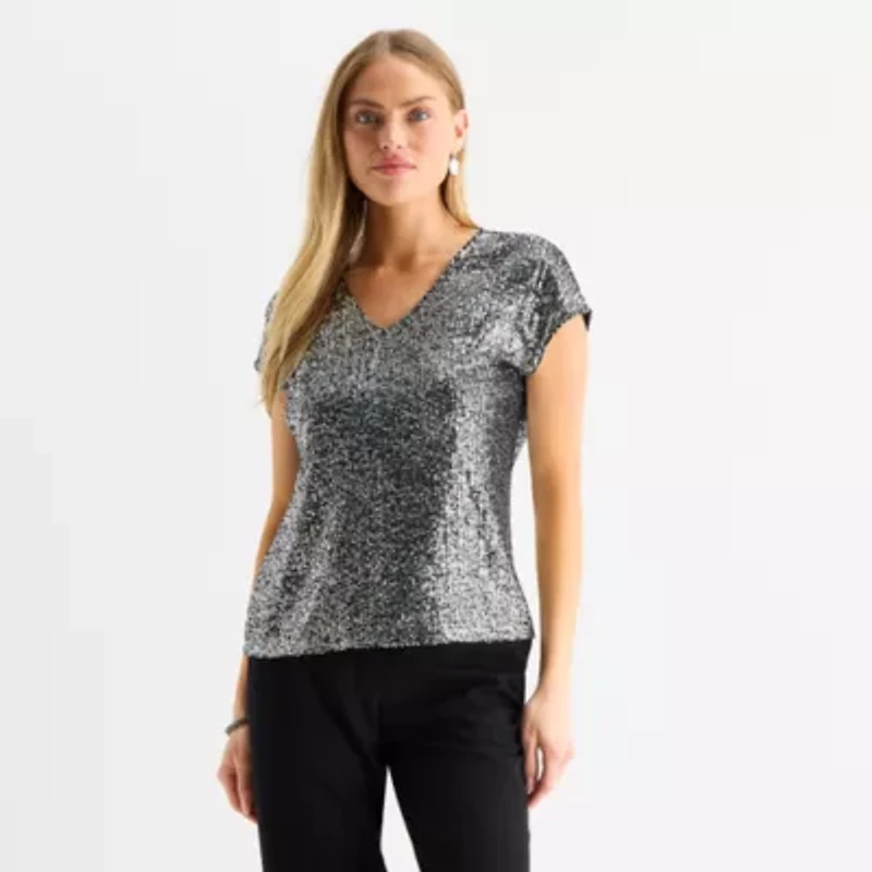 MSK Sequin Womens V Neck Short Sleeve Blouse