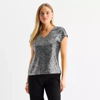 MSK Sequin Womens V Neck Short Sleeve Blouse