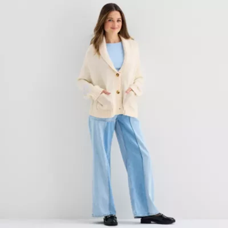 Arizona Womens Long Sleeve Button Juniors Cardigan