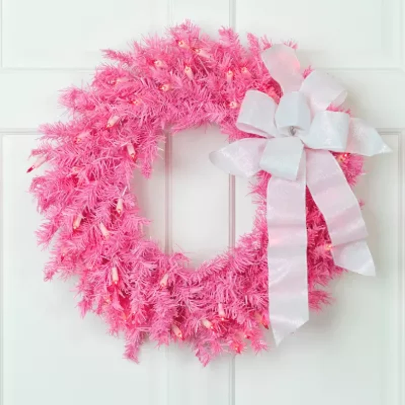 Northlight Pink Spruce With Lights Pre-Lit Wreath