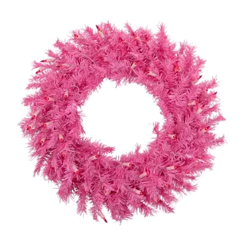 Northlight Pink Spruce With Lights Pre-Lit Wreath