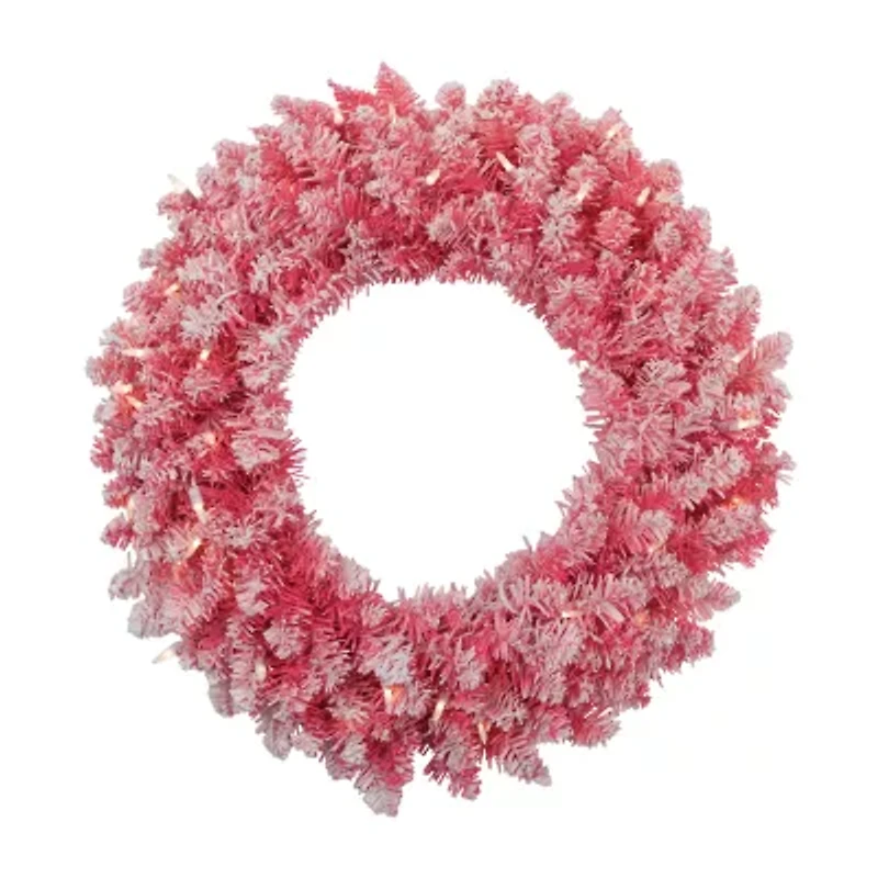 Northlight Flocked Pink Artificial With Clear Lights Pre-Lit Wreath