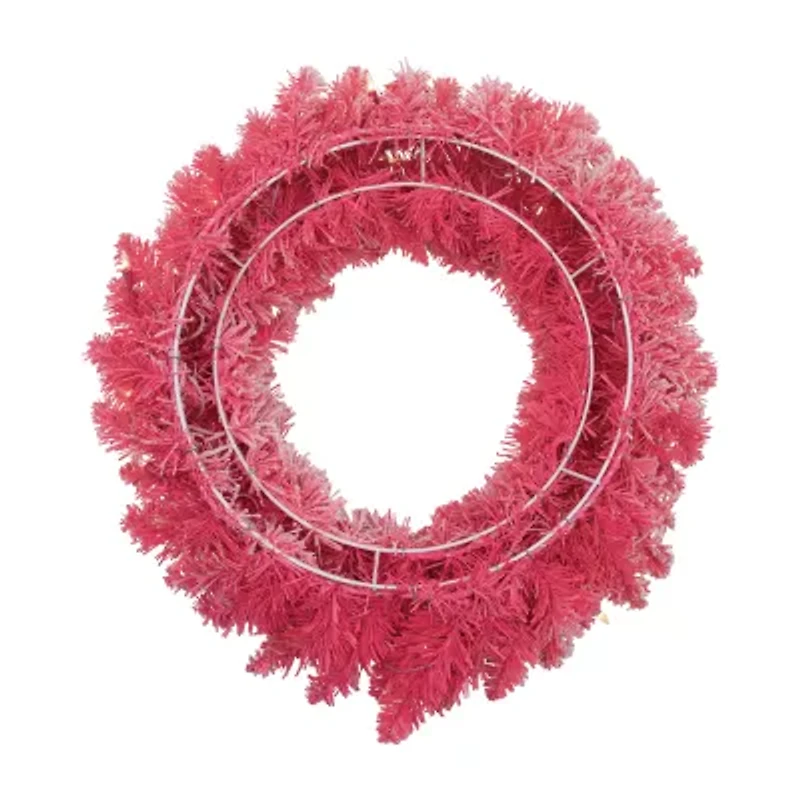 Northlight Flocked Pink Artificial With Clear Lights Pre-Lit Wreath