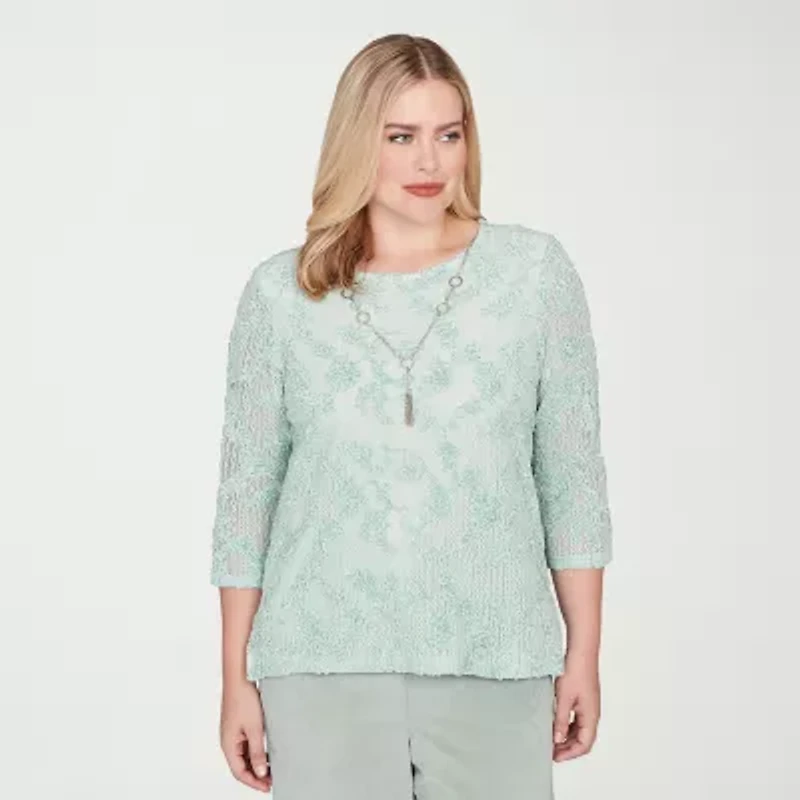 Alfred Dunner Stockbridge Womens Crew Neck 3/4 Sleeve T-Shirt