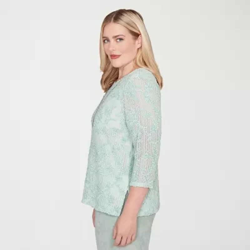 Alfred Dunner Stockbridge Womens Crew Neck 3/4 Sleeve T-Shirt