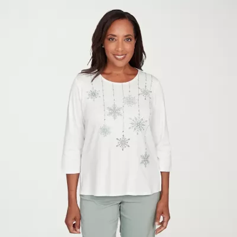 Alfred Dunner Stockbridge Womens Crew Neck 3/4 Sleeve T-Shirt