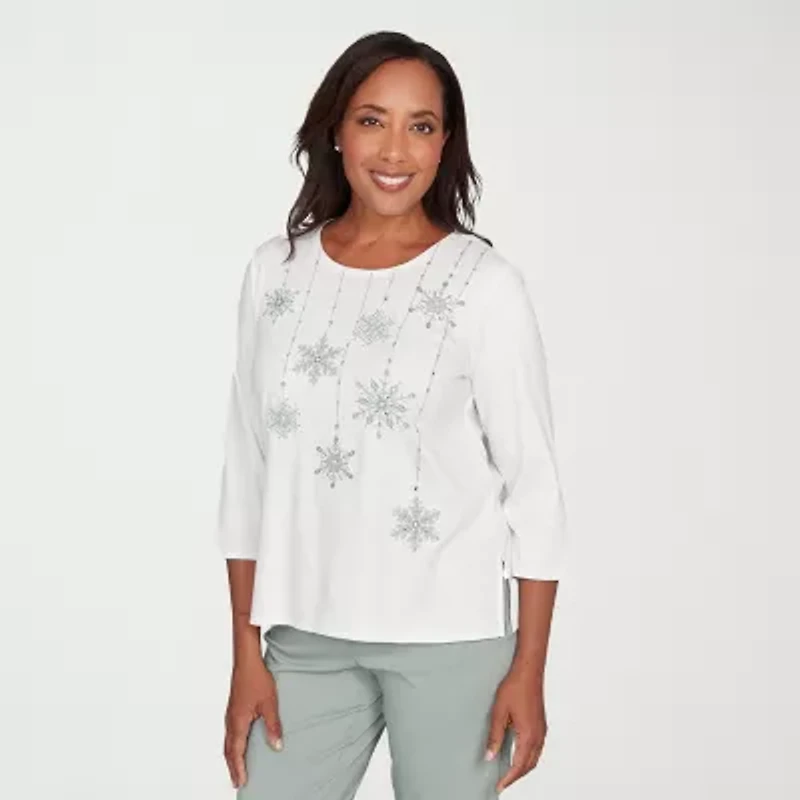 Alfred Dunner Stockbridge Womens Crew Neck 3/4 Sleeve T-Shirt