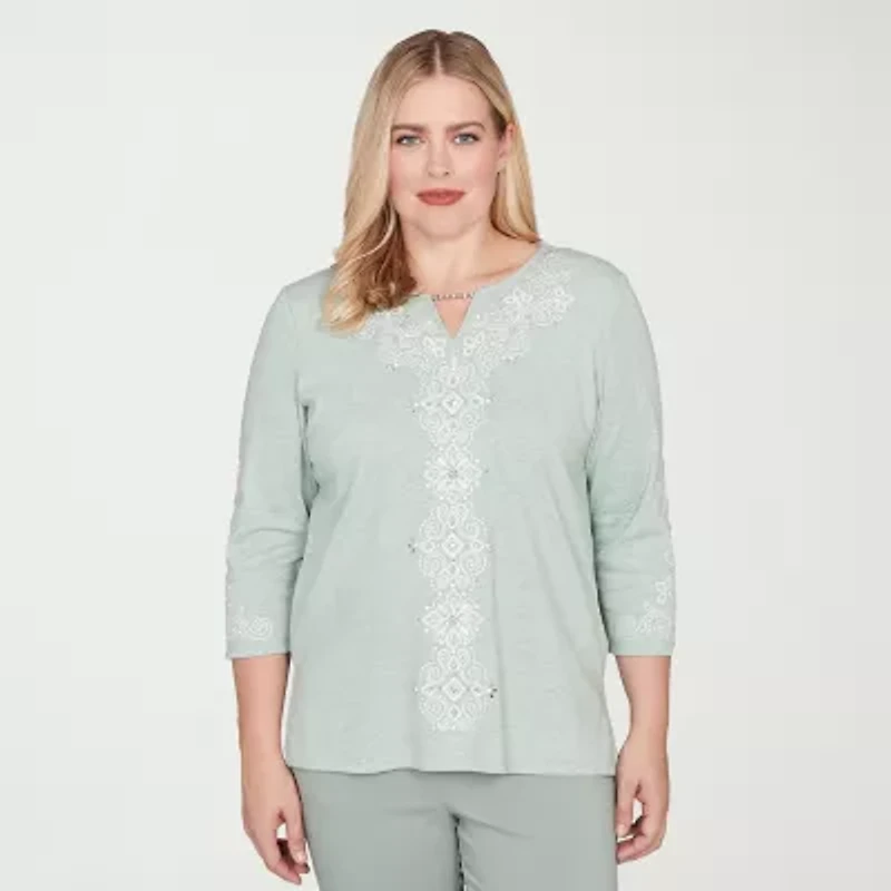 Alfred Dunner Stockbridge Womens Split Crew Neck 3/4 Sleeve T-Shirt