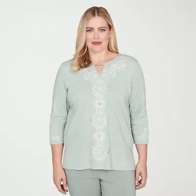 Alfred Dunner Stockbridge Womens Split Crew Neck 3/4 Sleeve T-Shirt
