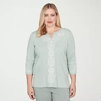 Alfred Dunner Stockbridge Womens Split Crew Neck 3/4 Sleeve T-Shirt