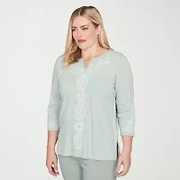 Alfred Dunner Stockbridge Womens Split Crew Neck 3/4 Sleeve T-Shirt