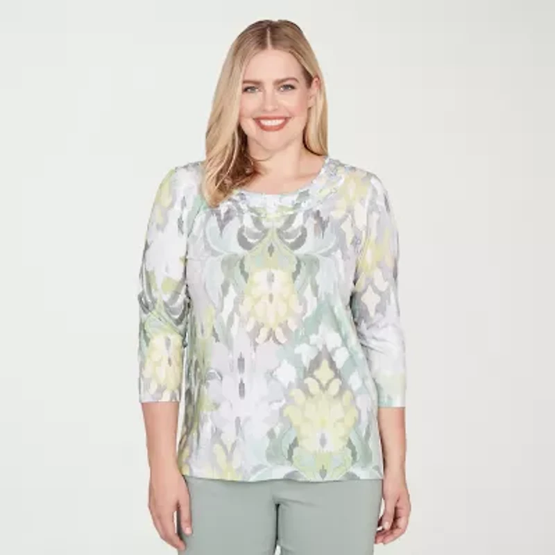 Alfred Dunner Stockbridge Womens Crew Neck 3/4 Sleeve T-Shirt