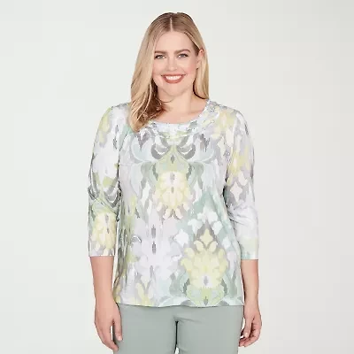 Alfred Dunner Stockbridge Womens Crew Neck 3/4 Sleeve T-Shirt