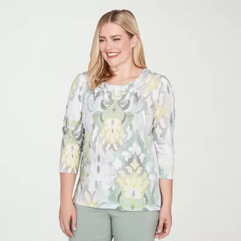 Alfred Dunner Stockbridge Womens Crew Neck 3/4 Sleeve T-Shirt