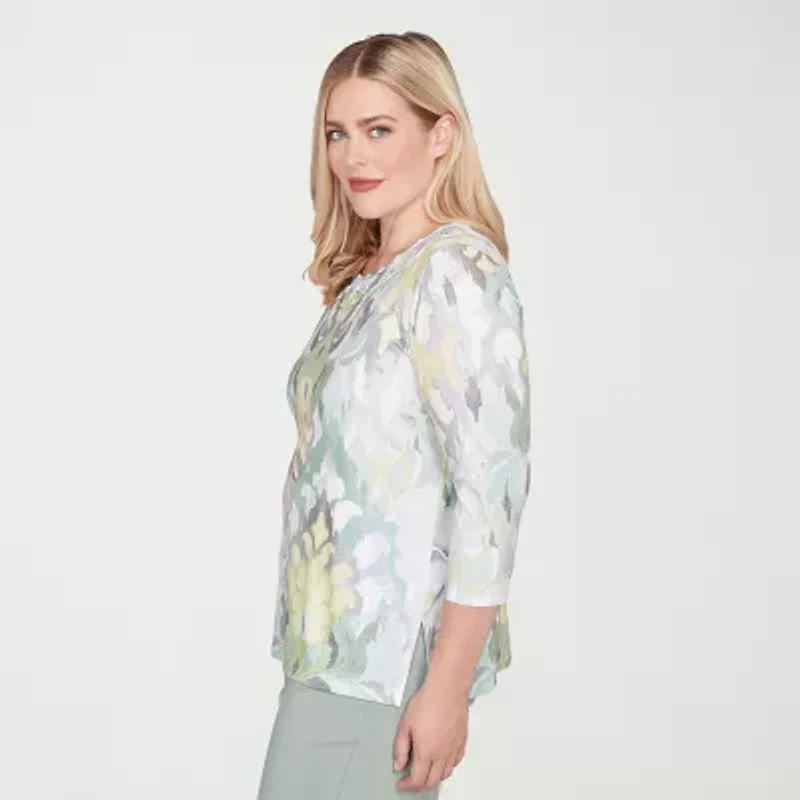 Alfred Dunner Stockbridge Womens Crew Neck 3/4 Sleeve T-Shirt