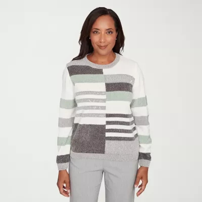 Alfred Dunner Stockbridge Womens Crew Neck Long Sleeve Striped Pullover Sweater