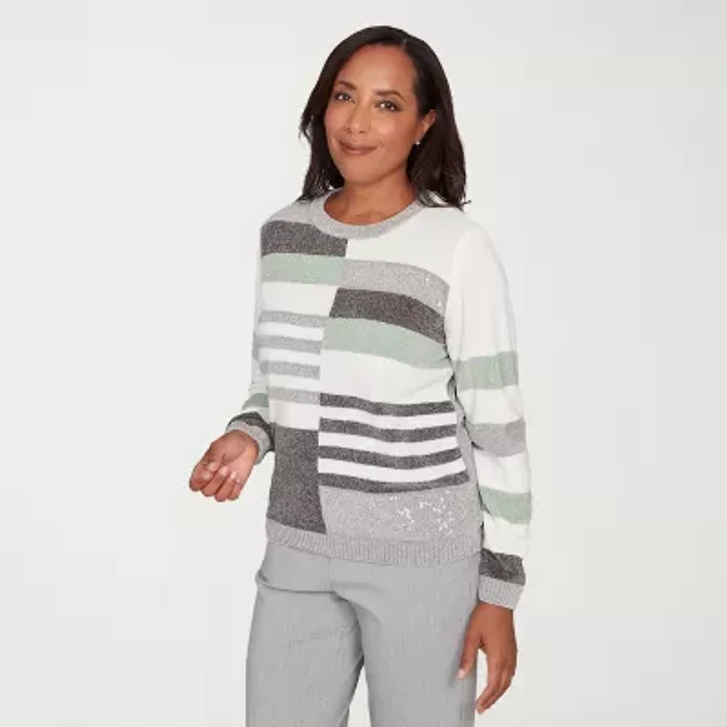 Alfred Dunner Stockbridge Womens Crew Neck Long Sleeve Striped Pullover Sweater