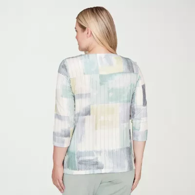 Alfred Dunner Stockbridge Womens Keyhole Neck 3/4 Sleeve T-Shirt