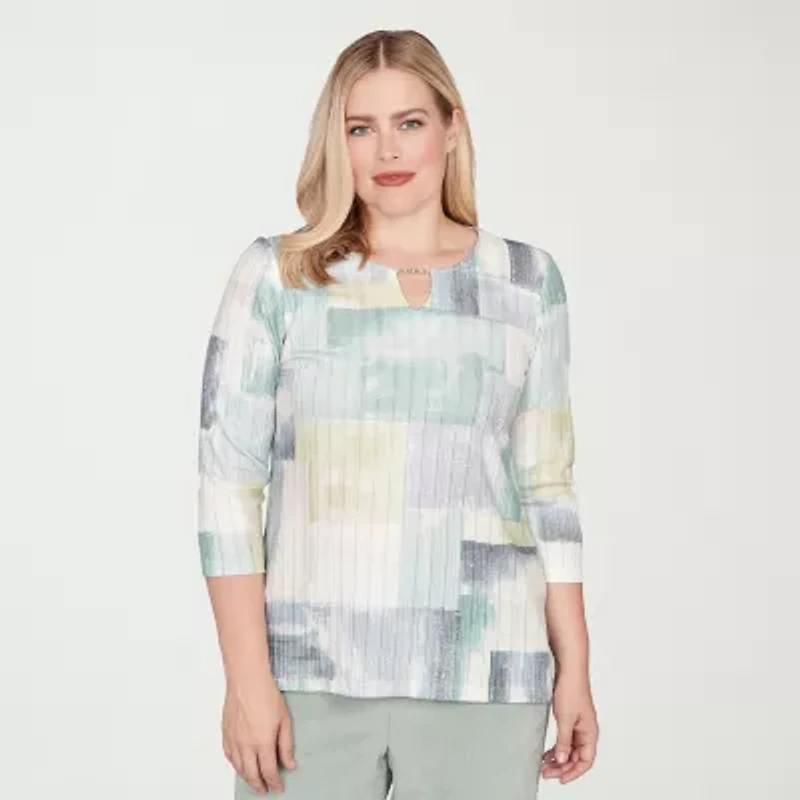 Alfred Dunner Stockbridge Womens Keyhole Neck 3/4 Sleeve T-Shirt