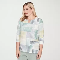 Alfred Dunner Stockbridge Womens Keyhole Neck 3/4 Sleeve T-Shirt