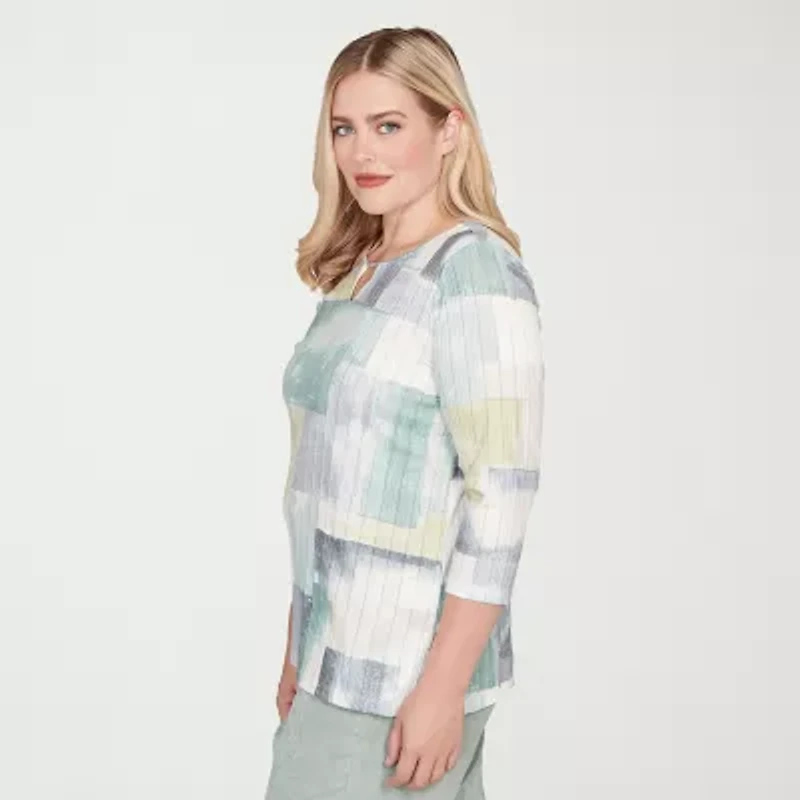 Alfred Dunner Stockbridge Womens Keyhole Neck 3/4 Sleeve T-Shirt