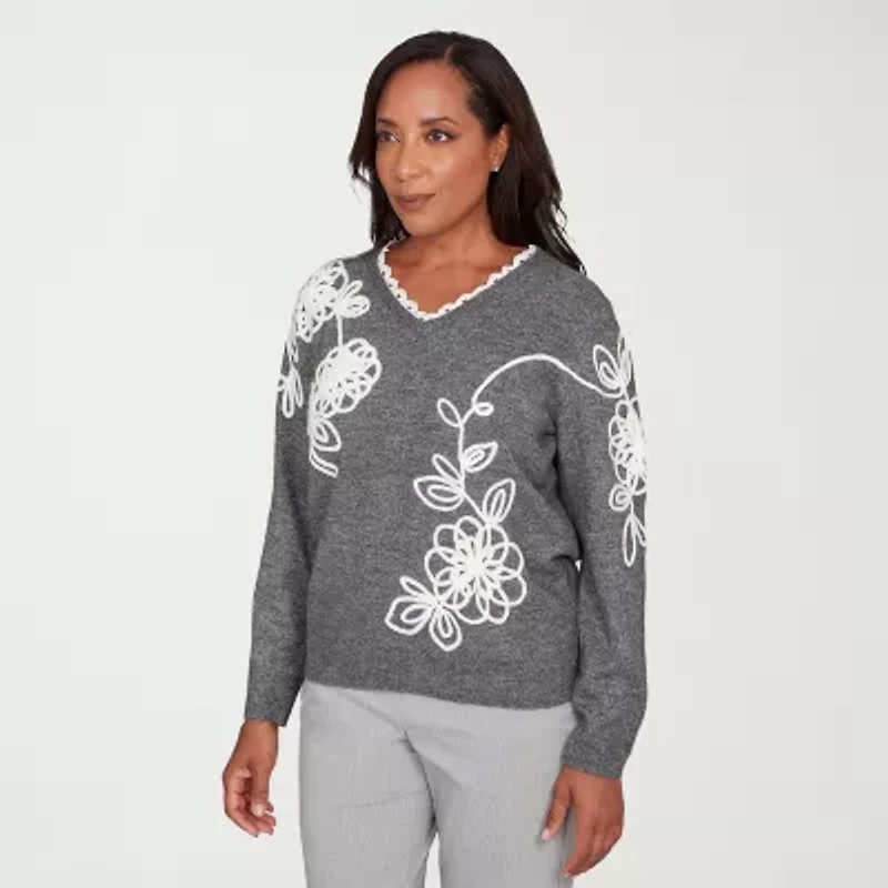 Alfred Dunner Stockbridge Womens V Neck Long Sleeve Floral Pullover Sweater