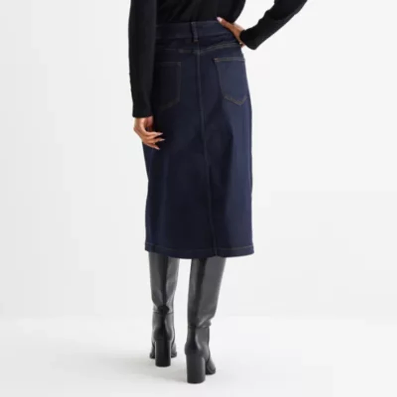 Liz Claiborne Womens Mid Rise Midi Denim Skirt