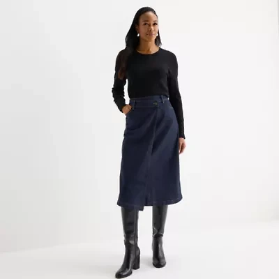Liz Claiborne Womens Mid Rise Midi Denim Skirt