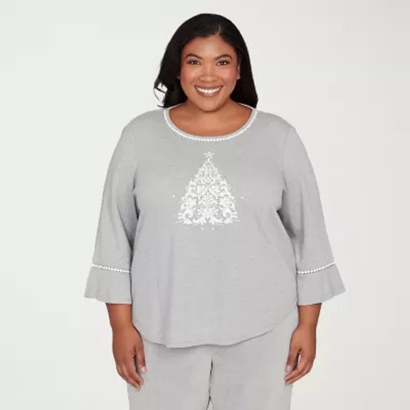 Alfred Dunner Stockbridge Womens Plus Crew Neck 3/4 Sleeve T-Shirt