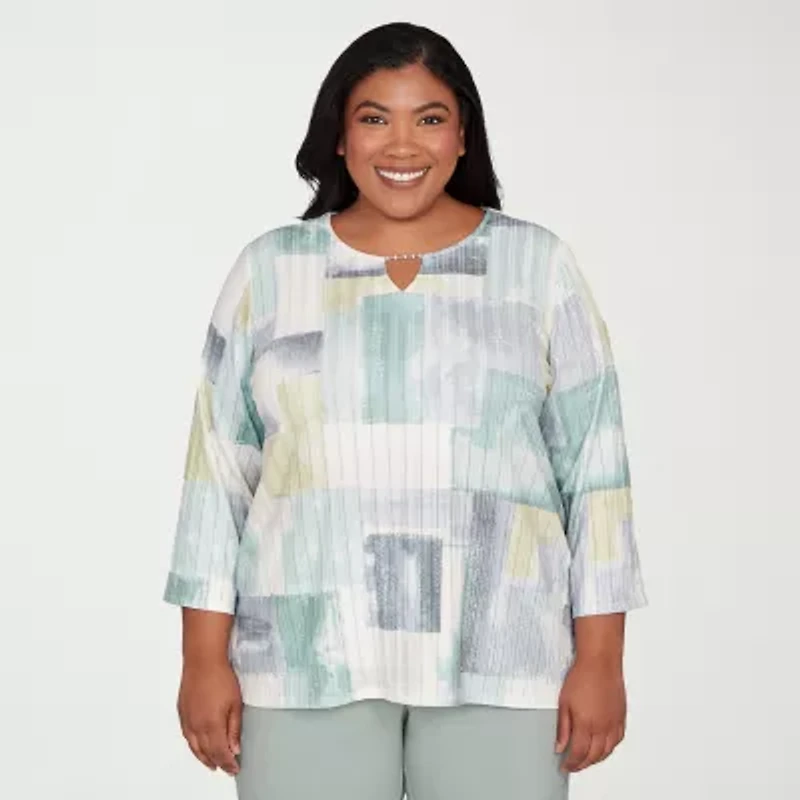 Alfred Dunner Stockbridge Womens Plus Split Crew Neck 3/4 Sleeve T-Shirt