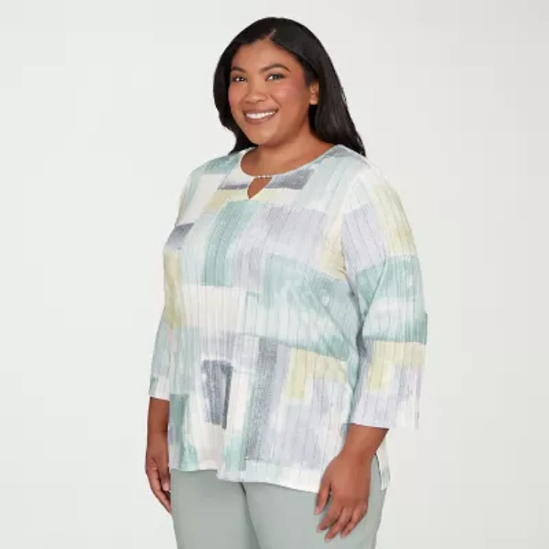 Alfred Dunner Stockbridge Womens Plus Split Crew Neck 3/4 Sleeve T-Shirt